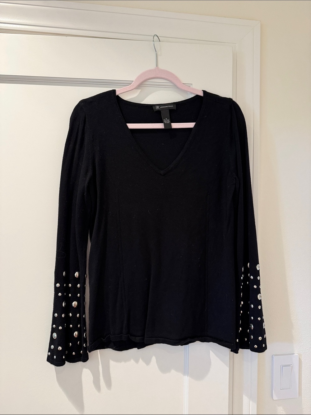 INC International Concepts Black V-Neck Long Sleeve Top with Silver Studs